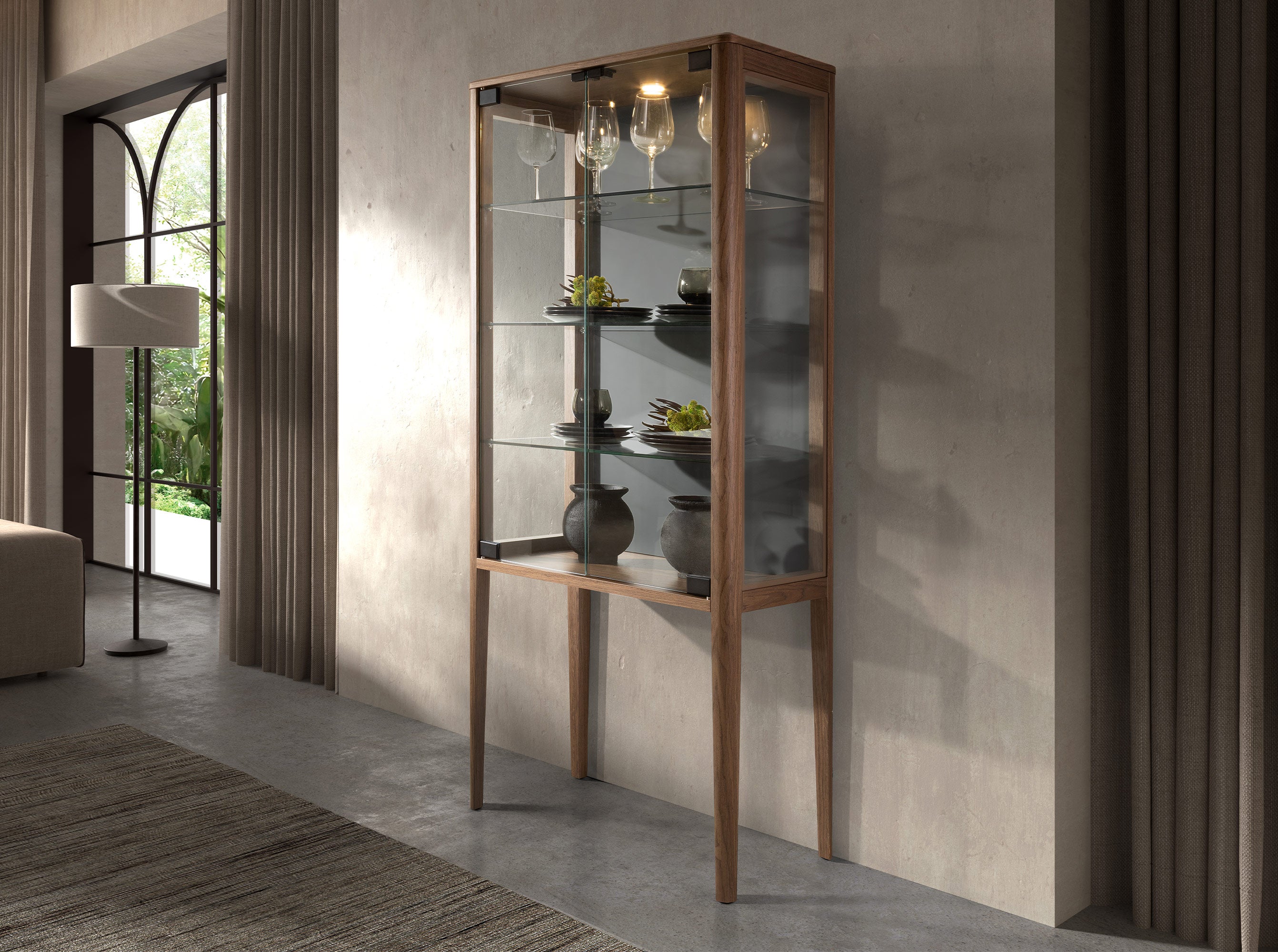 Tall sideboard in tempered glass and walnut with interior lighting