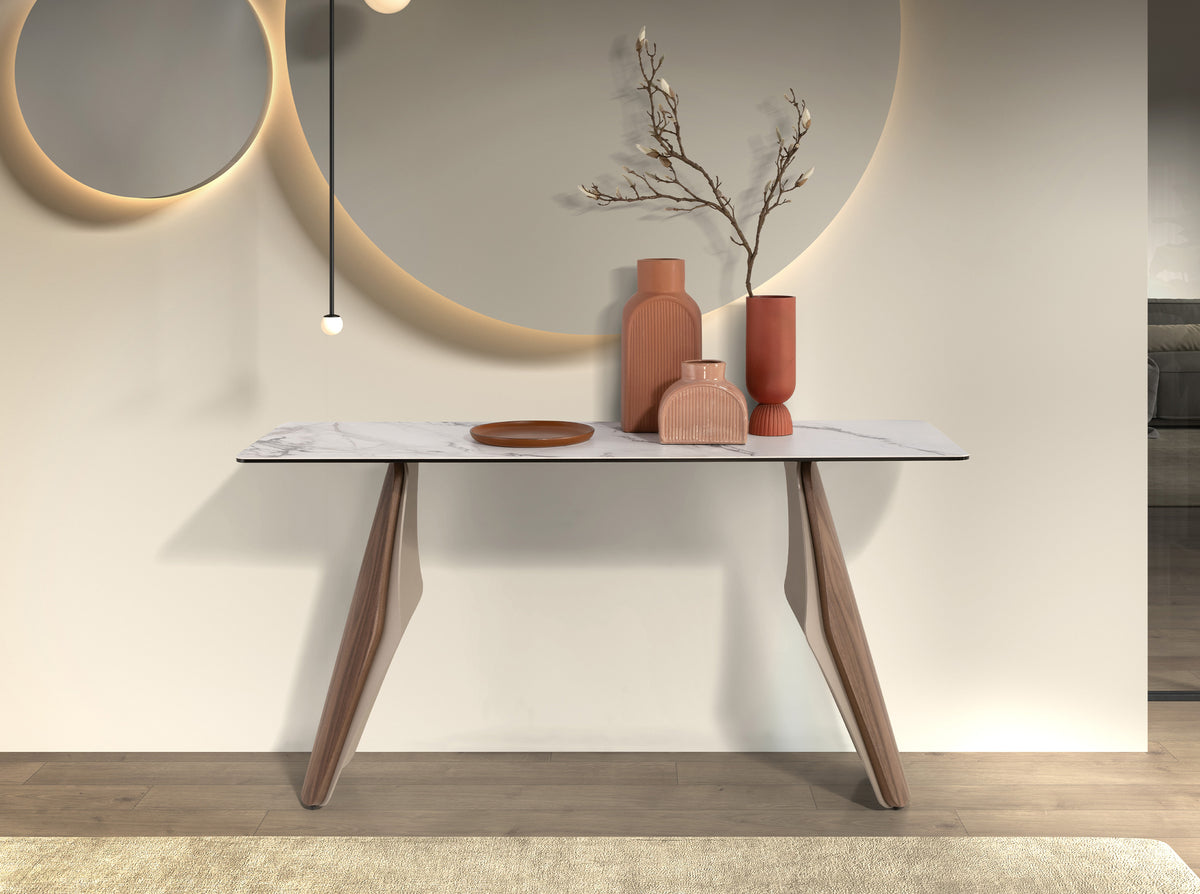 Rectangular console table in porcelain marble, metallic sand steel and walnut