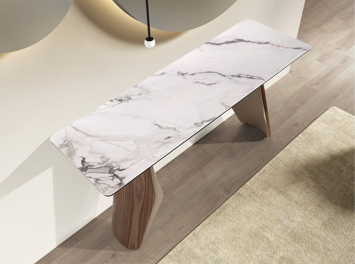 Rectangular console table in porcelain marble, metallic sand steel and walnut