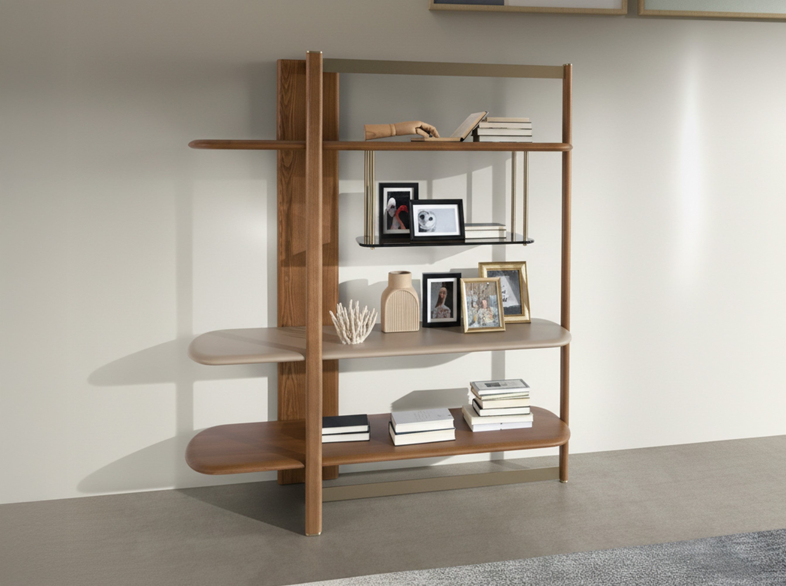 Left rectangular shelving unit in light walnut and greige-coloured wood
