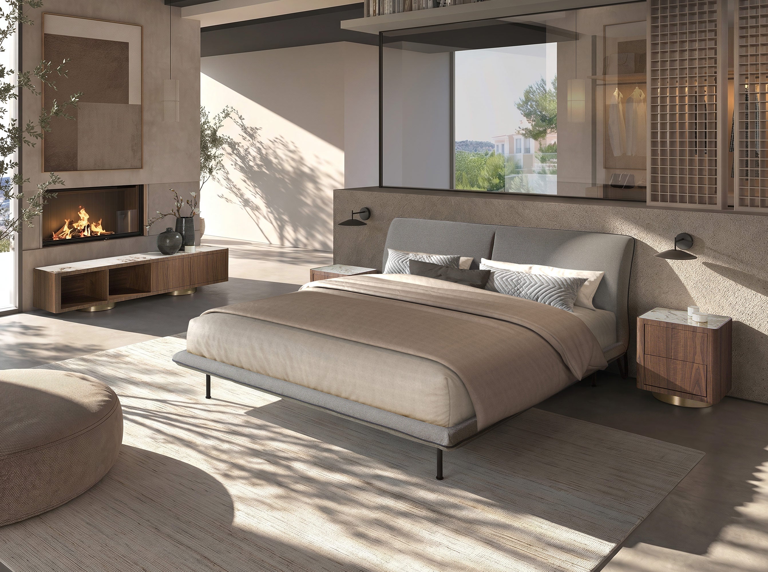 TV unit in walnut, polished gold steel and porcelain marble top