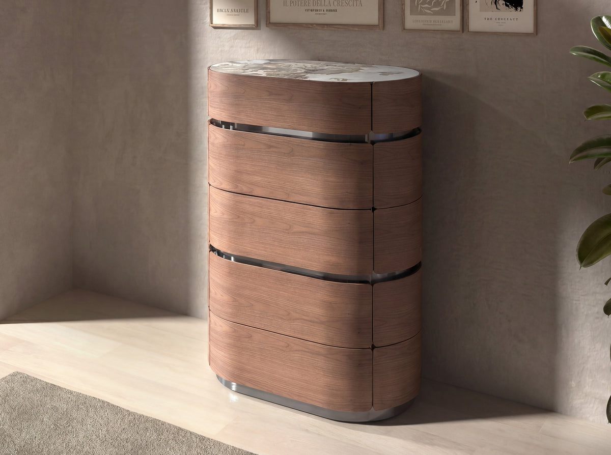 Walnut chiffonier with darkened steel base and porcelain marble top