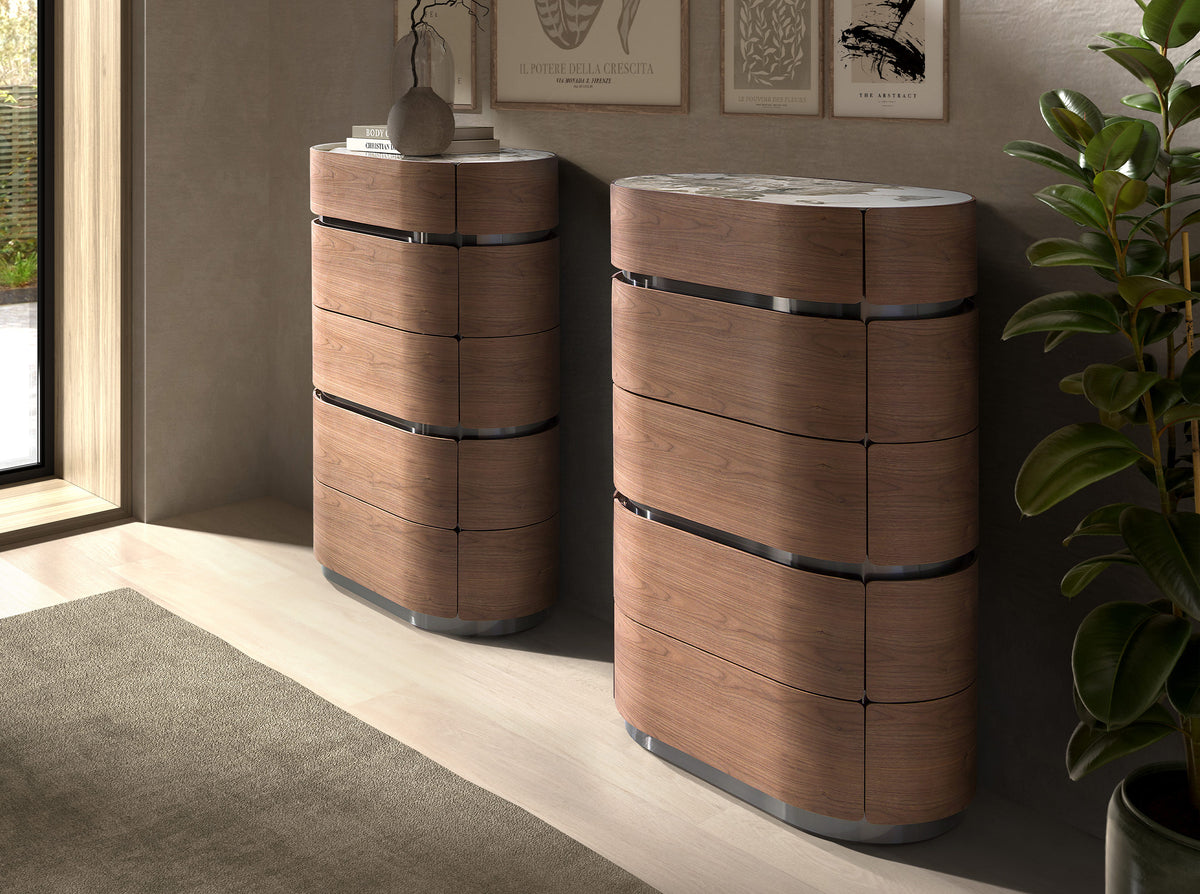 Walnut chiffonier with darkened steel base and porcelain marble top