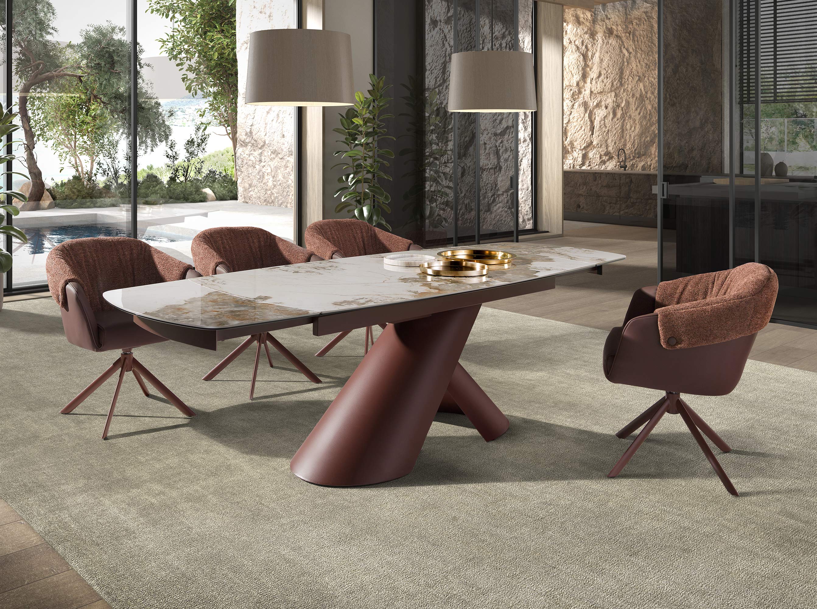 Swivel chair in mottled brown fabric and copper brown leatherette