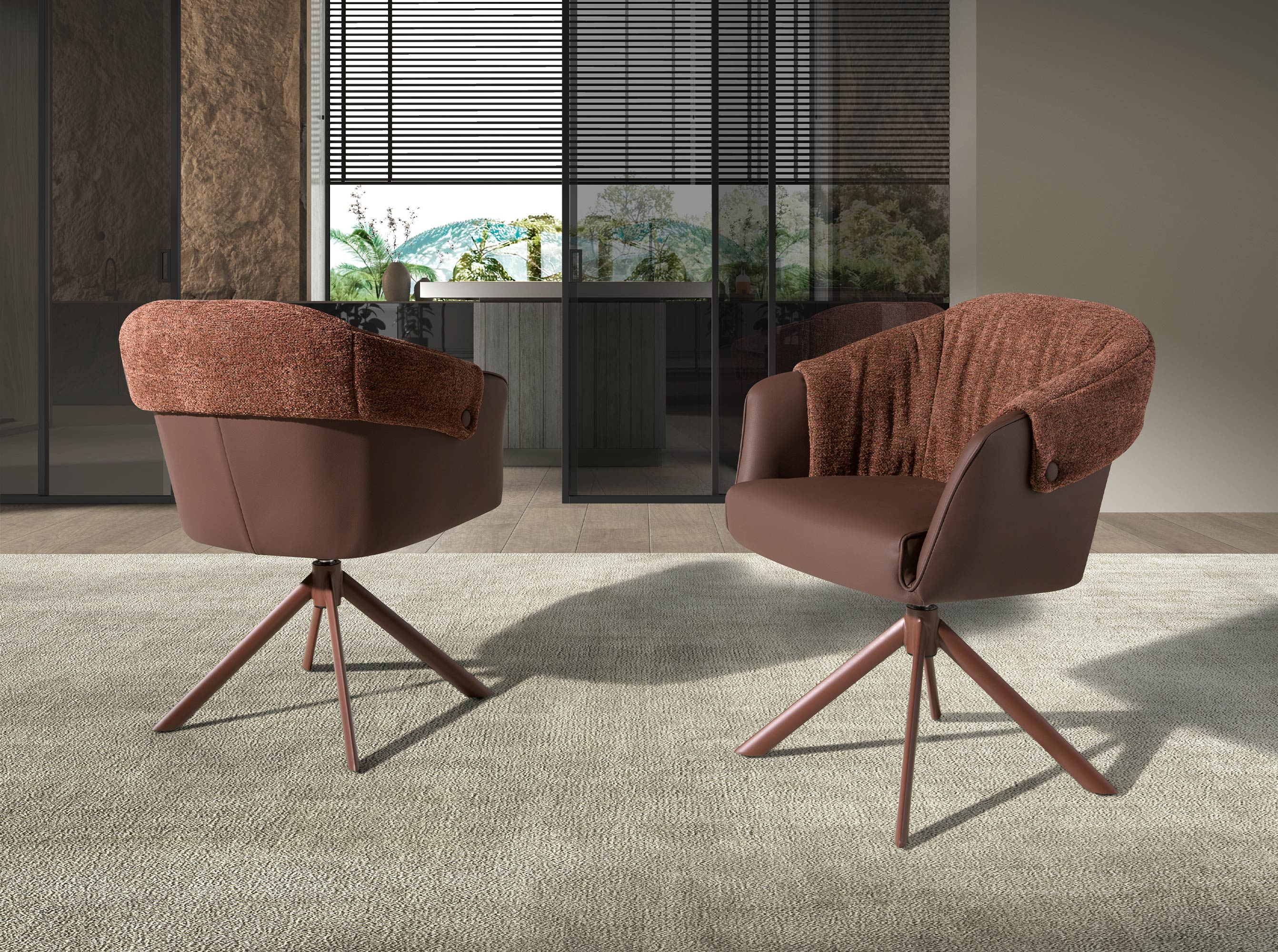 Swivel chair in mottled brown fabric and copper brown leatherette