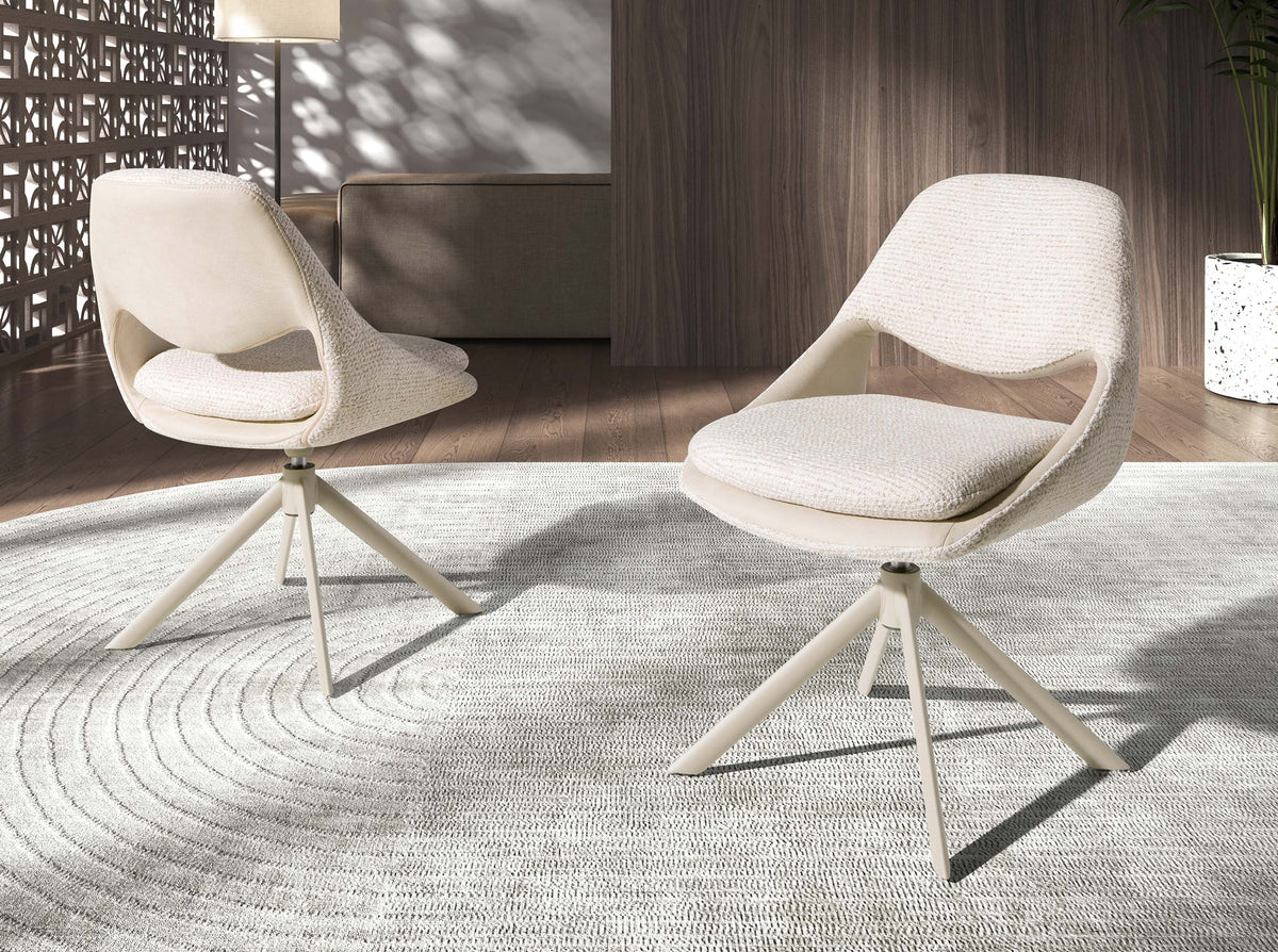 Swivel chair in off-white and cream fabric