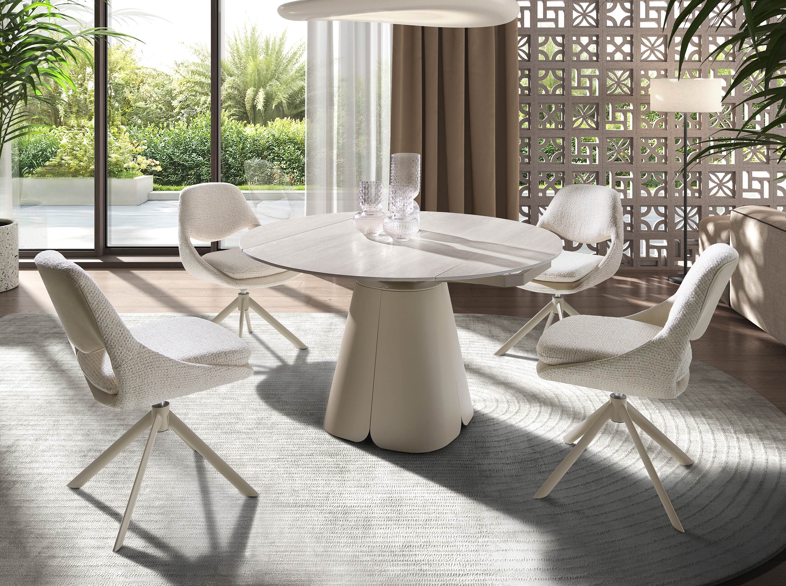 Swivel chair in off-white and cream fabric