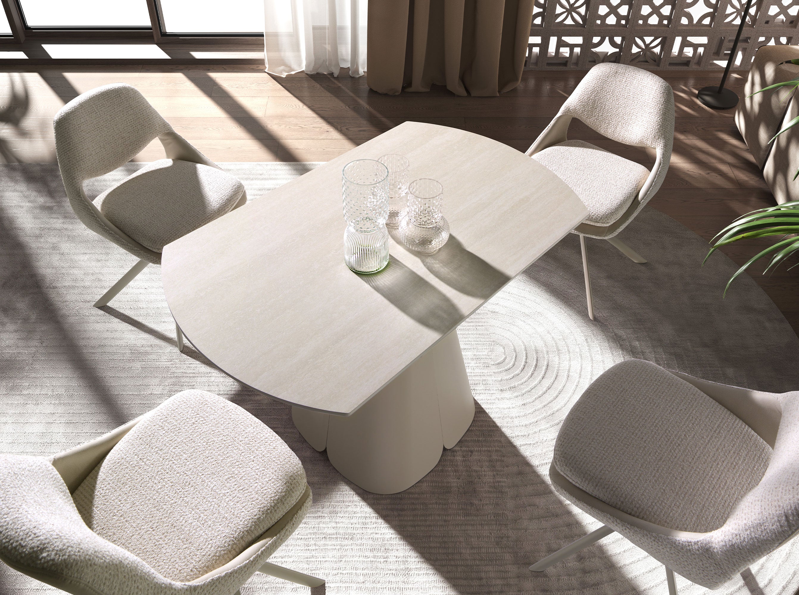 Swivel chair in off-white and cream fabric