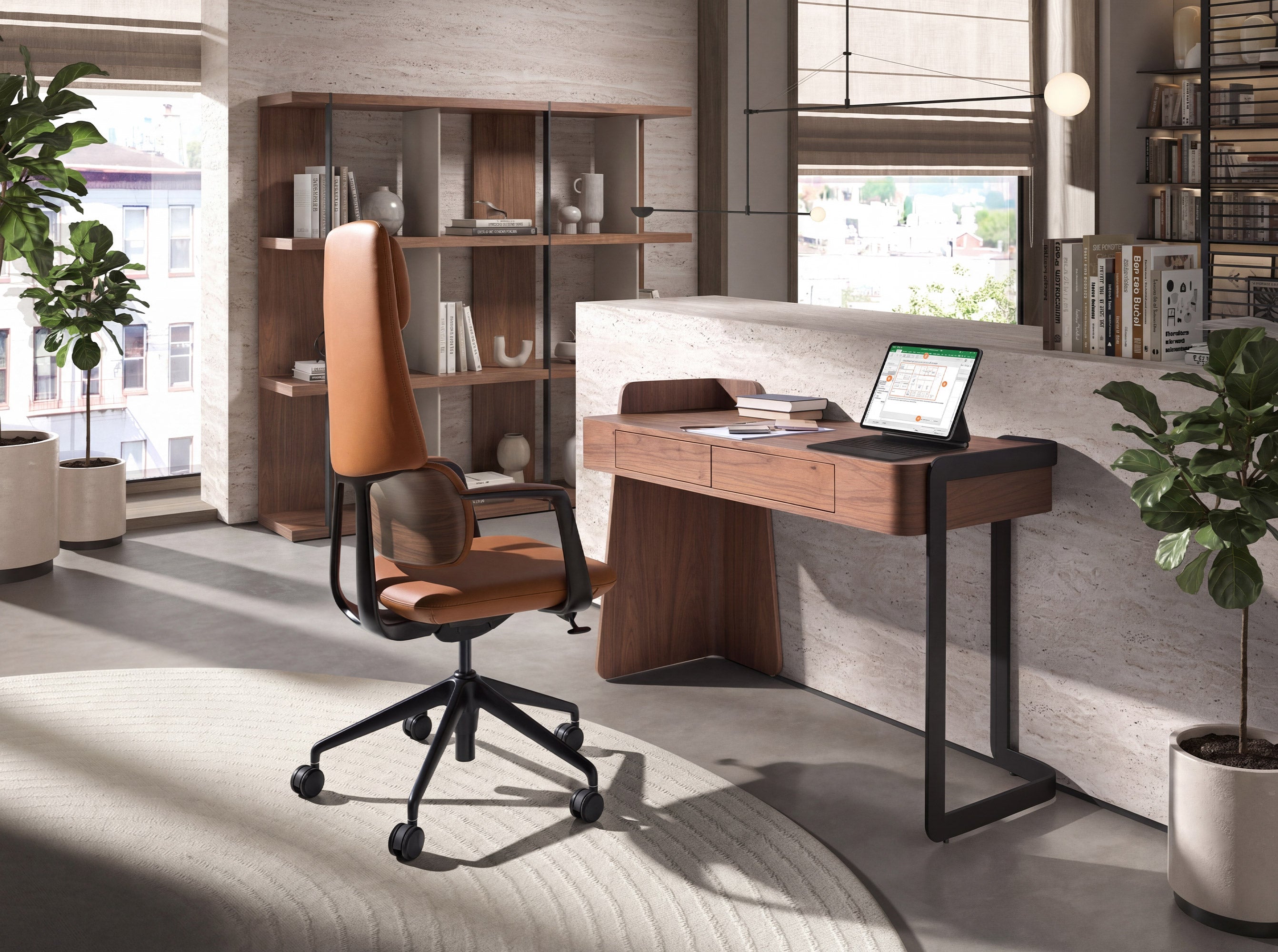 Swivel office chair in brown leatherette