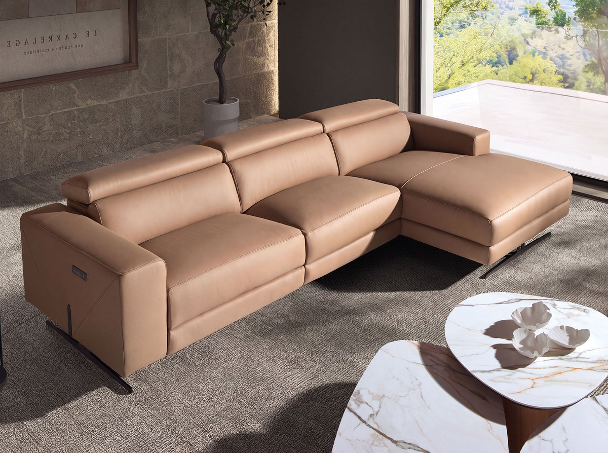 Right-hand brown leather chaise longue recliner sofa