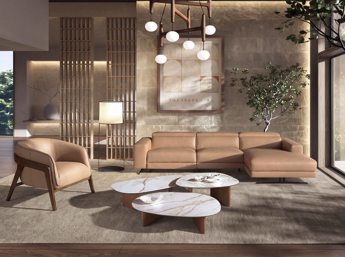 Right-hand brown leather chaise longue recliner sofa