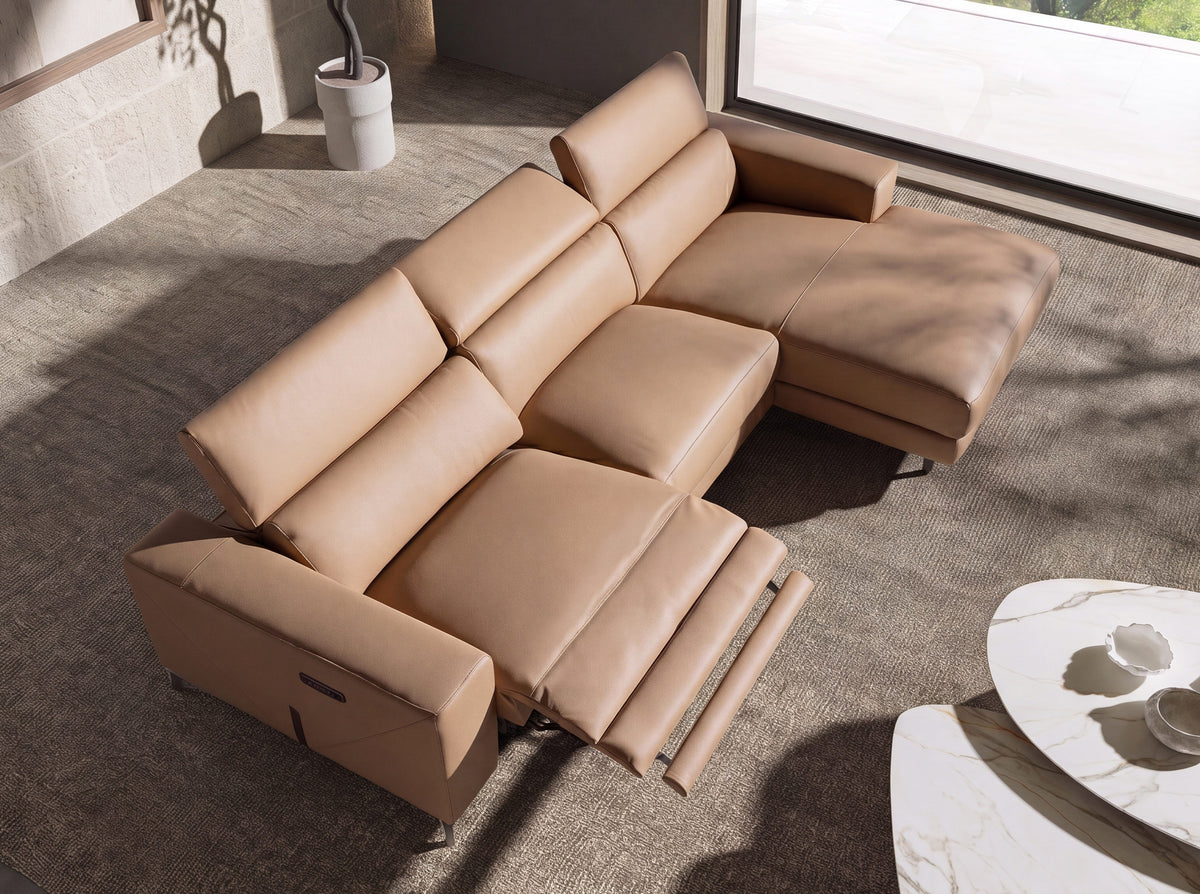 Right-hand brown leather chaise longue recliner sofa