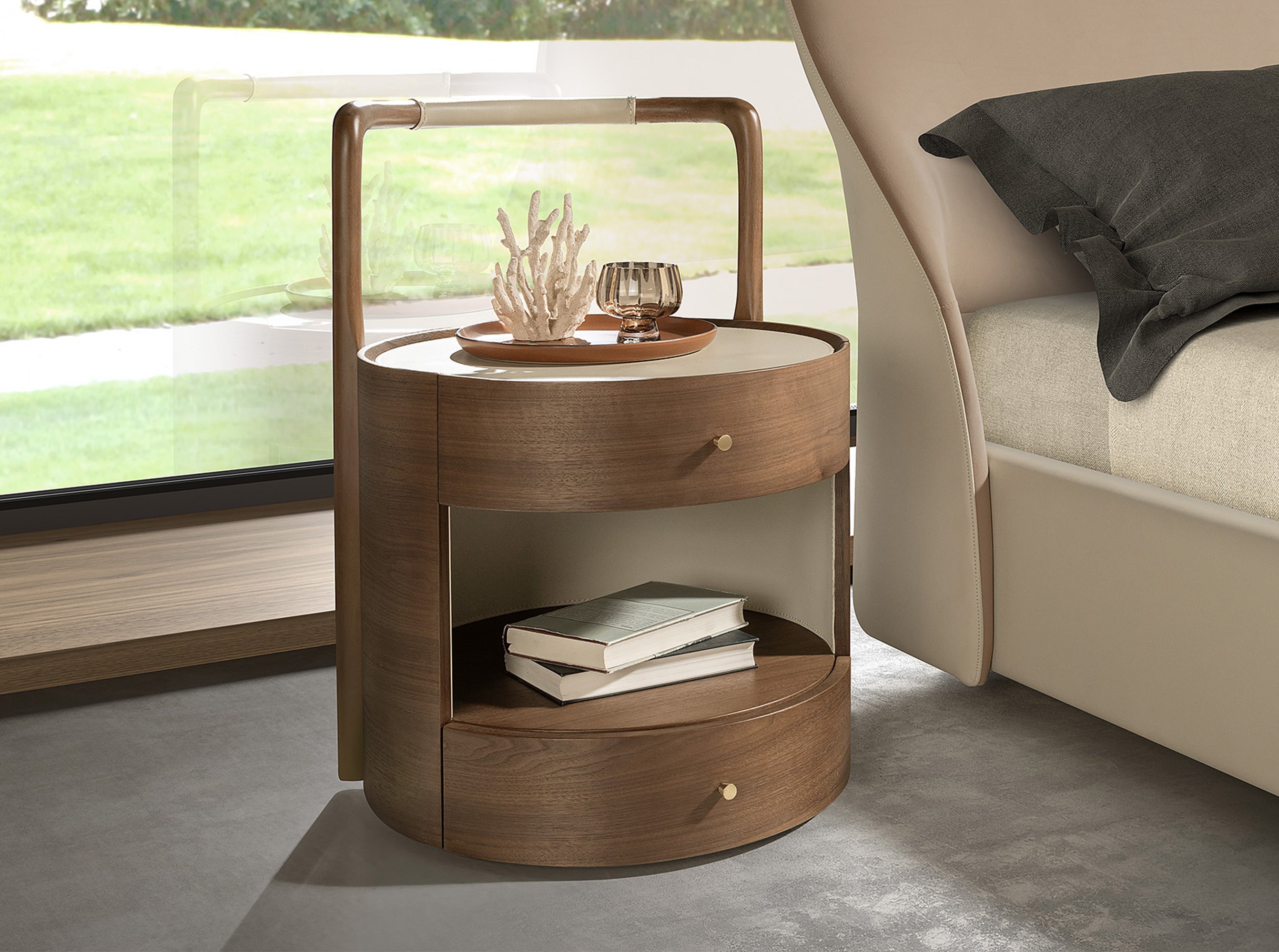 Walnut bedside table with cream-coloured leather top