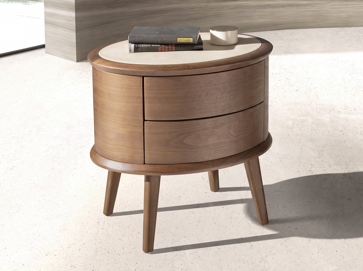 Walnut bedside table with cream-coloured leather top