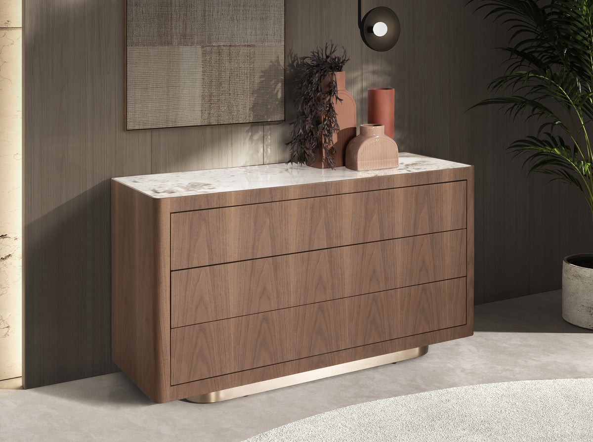 Chest of drawers in walnut, polished gold steel and porcelain marble top