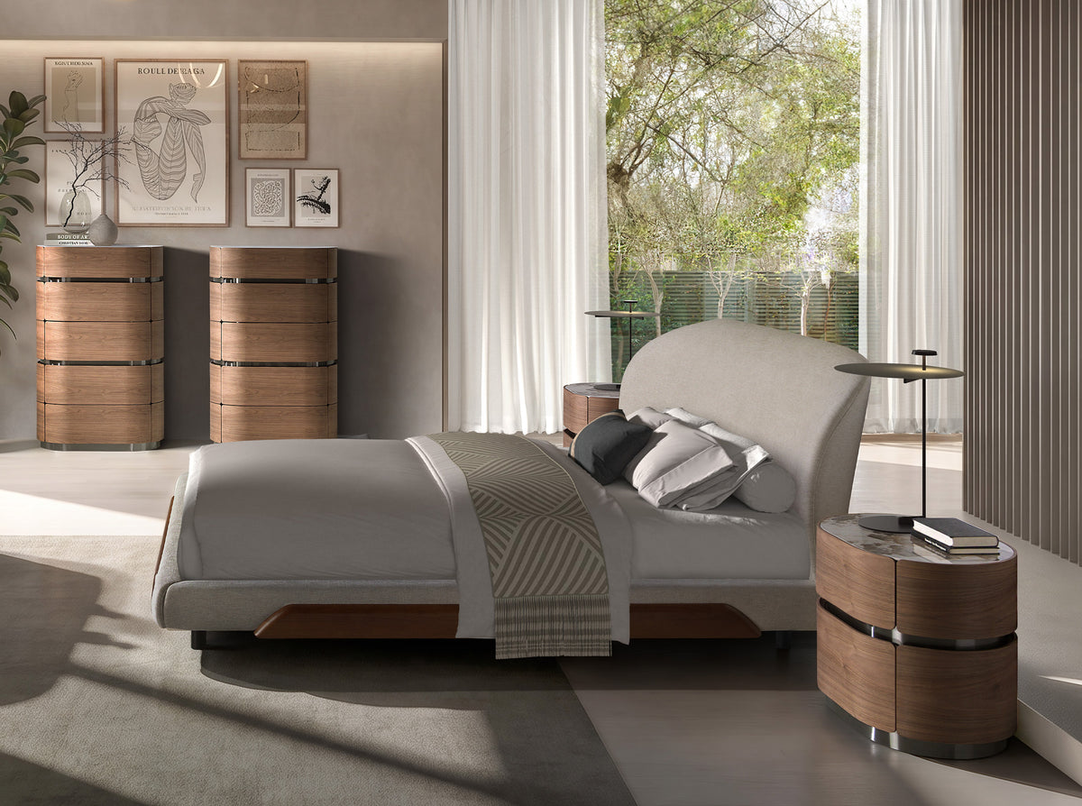Bedside table in walnut, darkened steel base and porcelain marble top