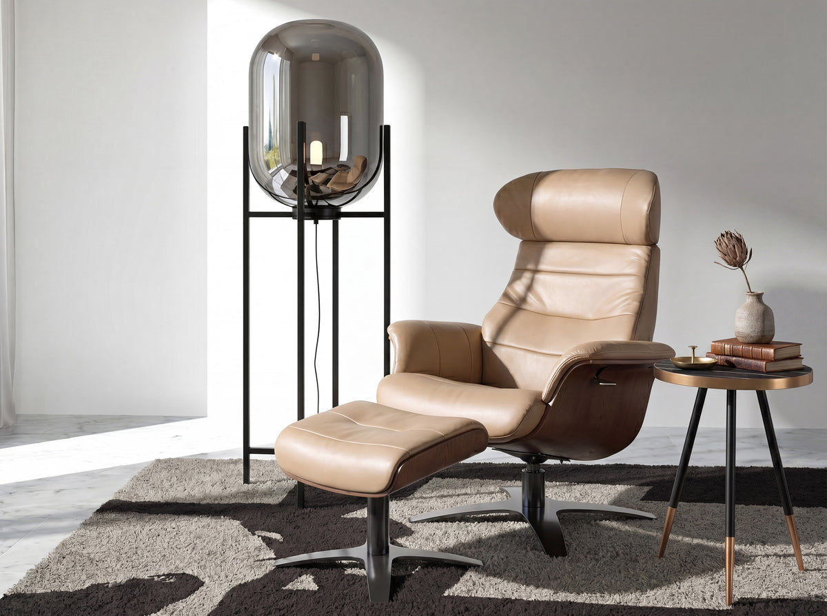 مصباح أرضيّ من الزجاج المدخّن الرماديّ بتأثير المرآة والفولاذ الأسود