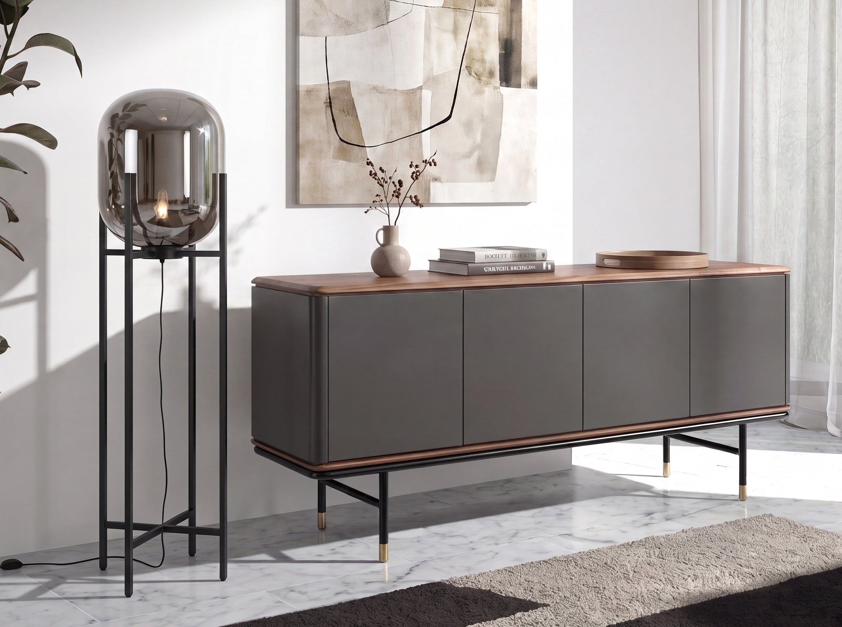 Floor lamp in grey smoked mirror-effect glass and black steel
