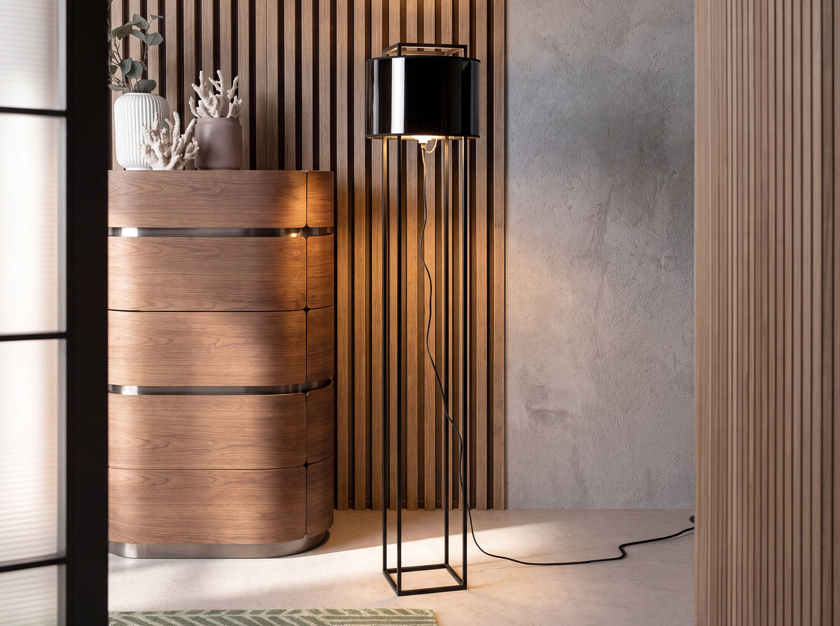 Floor lamp in black and glossy gold PVC and black steel