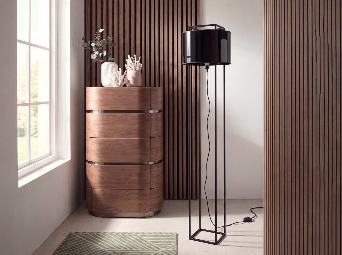 Floor lamp in black and glossy gold PVC and black steel