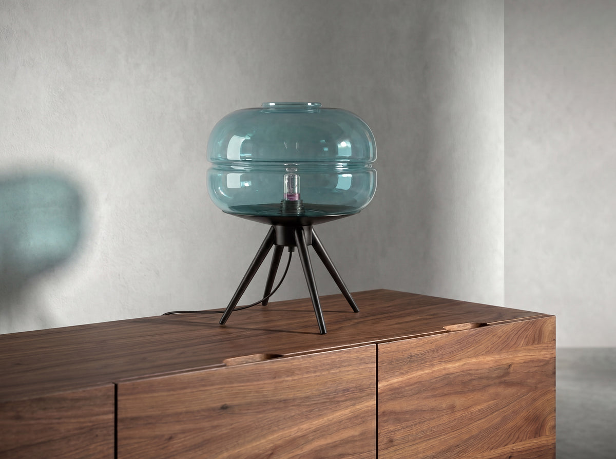 Blue glass and black steel table lamp