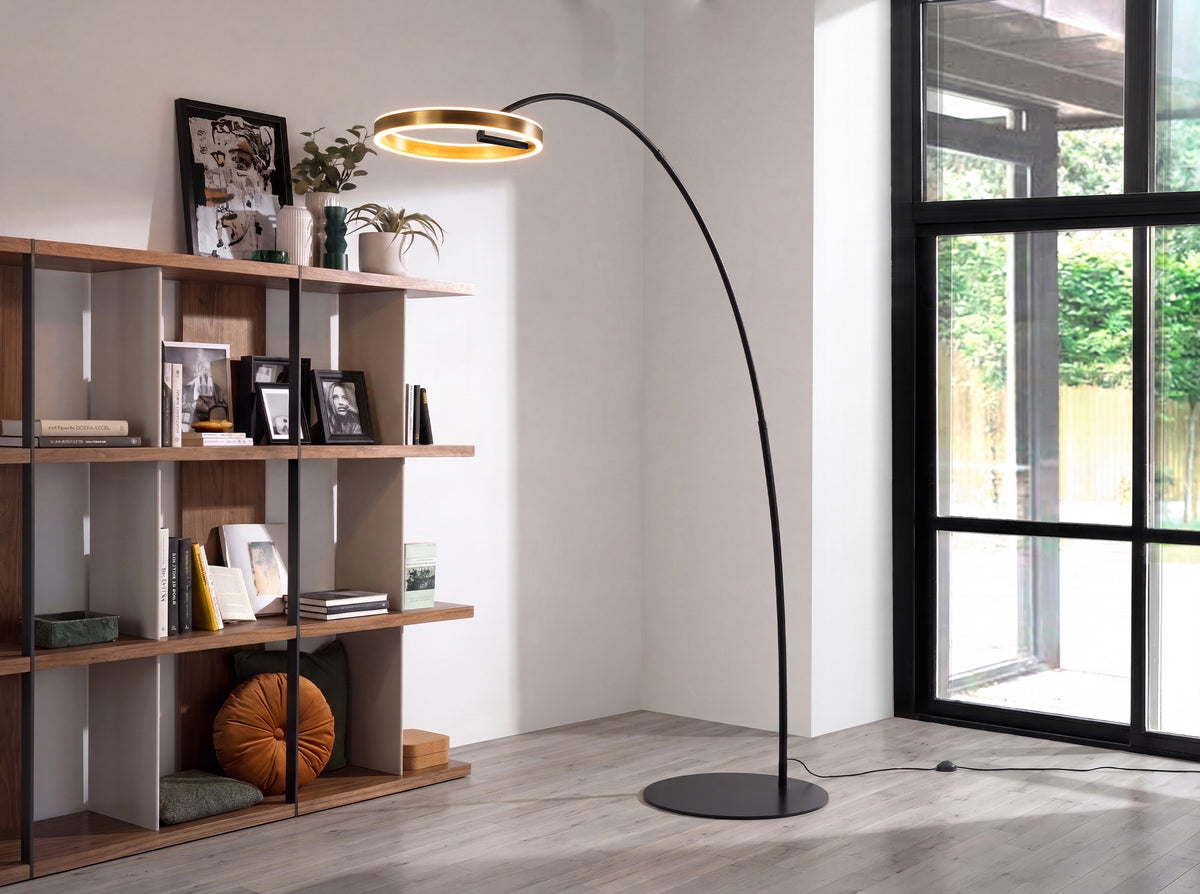 Floor lamp in polished gold steel and black steel