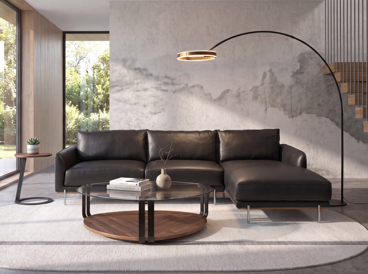 Floor lamp in polished gold steel and black steel