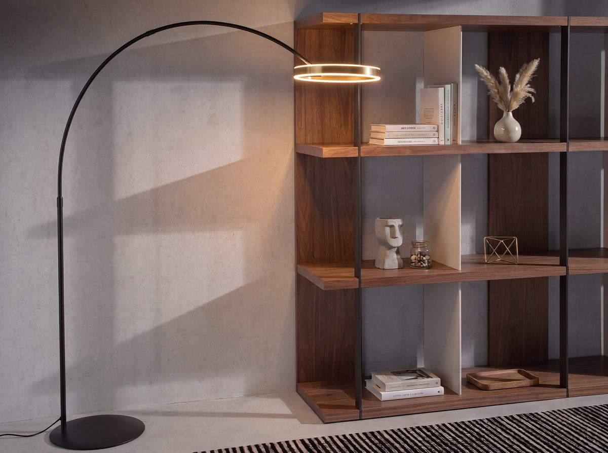 Floor lamp in polished gold steel and black steel