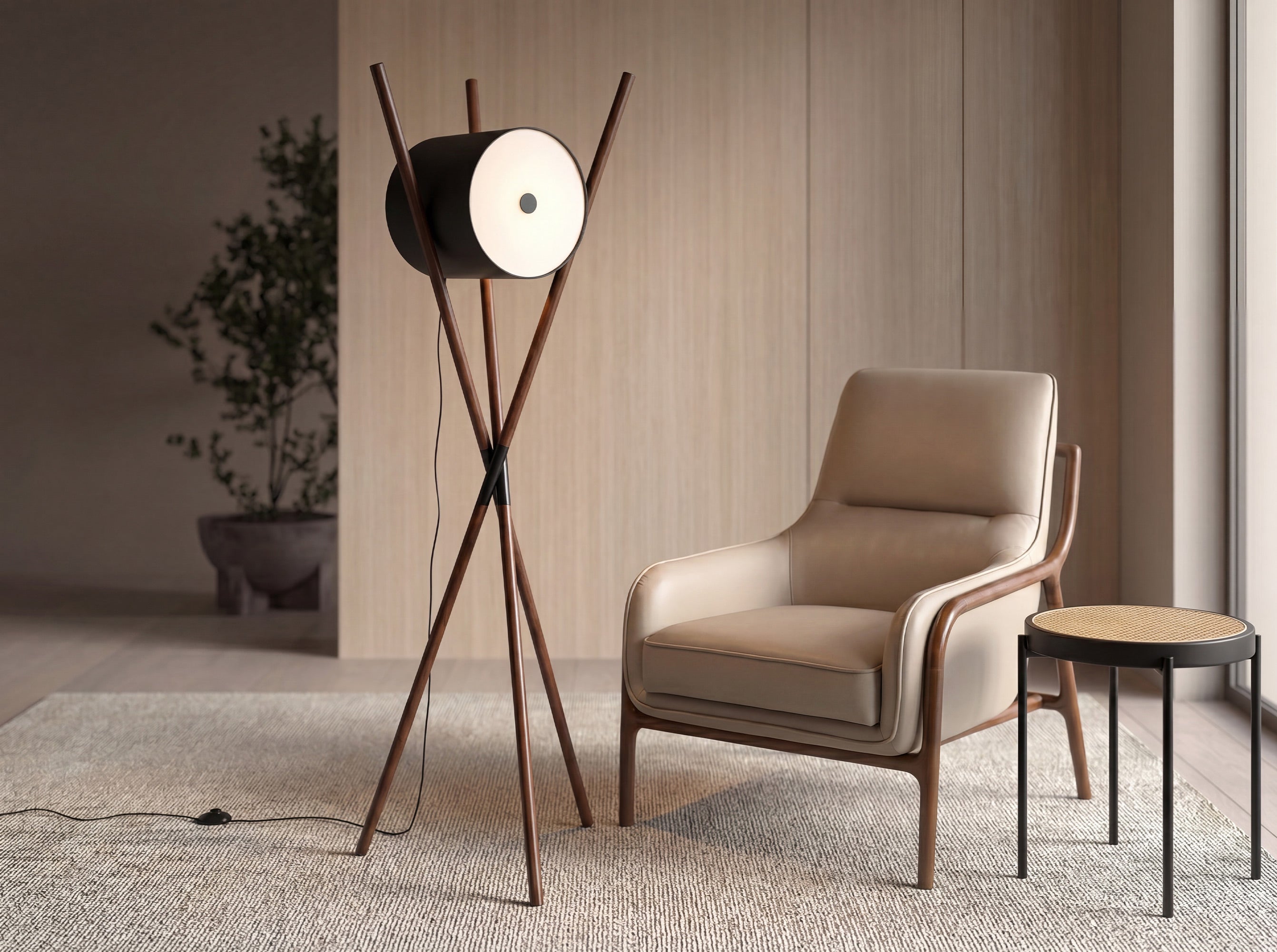 Floor lamp in wood upholstered in black leatherette and dark walnut