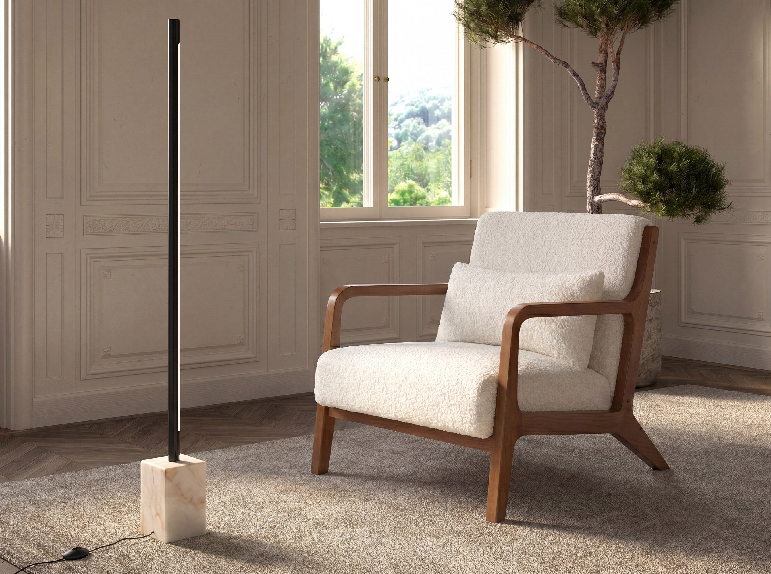 Black steel floor lamp with porcelain marble base