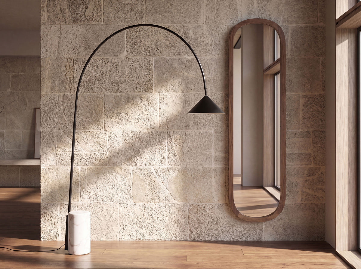 Black steel floor lamp with porcelain marble base