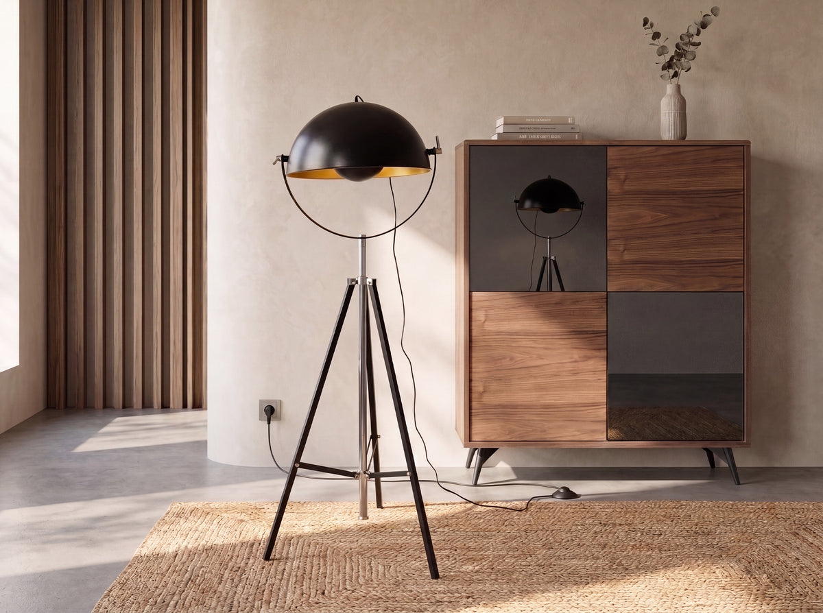 Floor lamp in black steel and polished gold steel