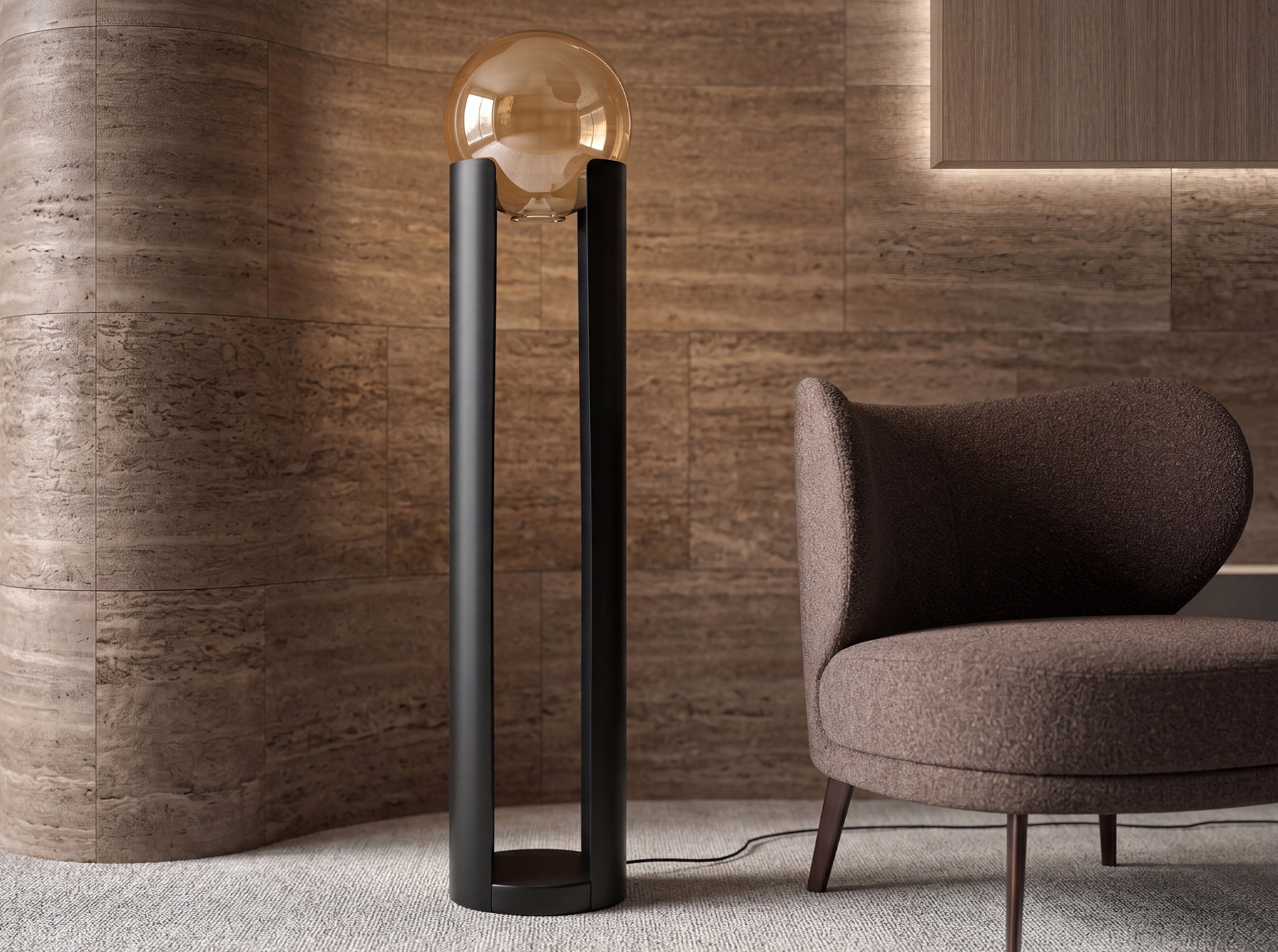 Smoked amber glass and black steel floor lamp