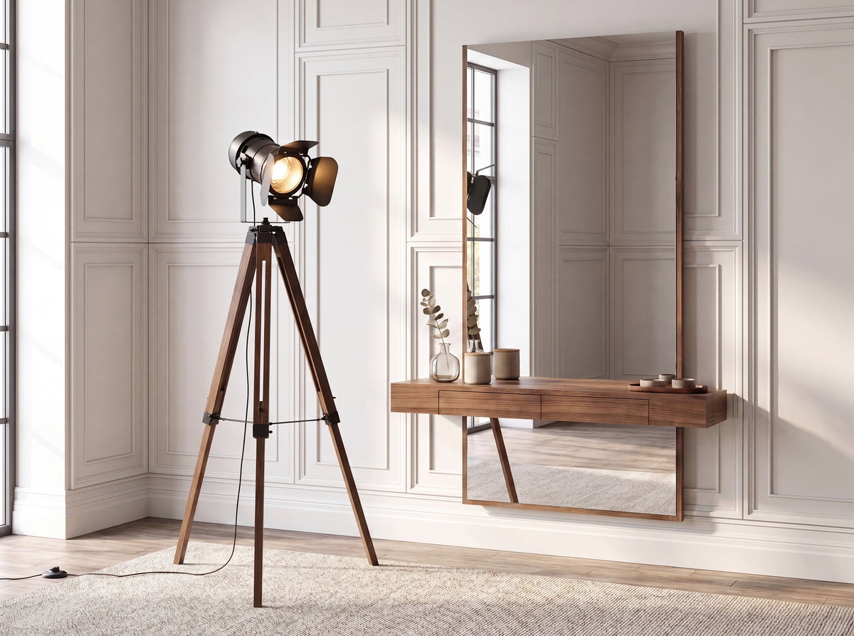 Floor lamp in black steel and walnut-coloured pine wood