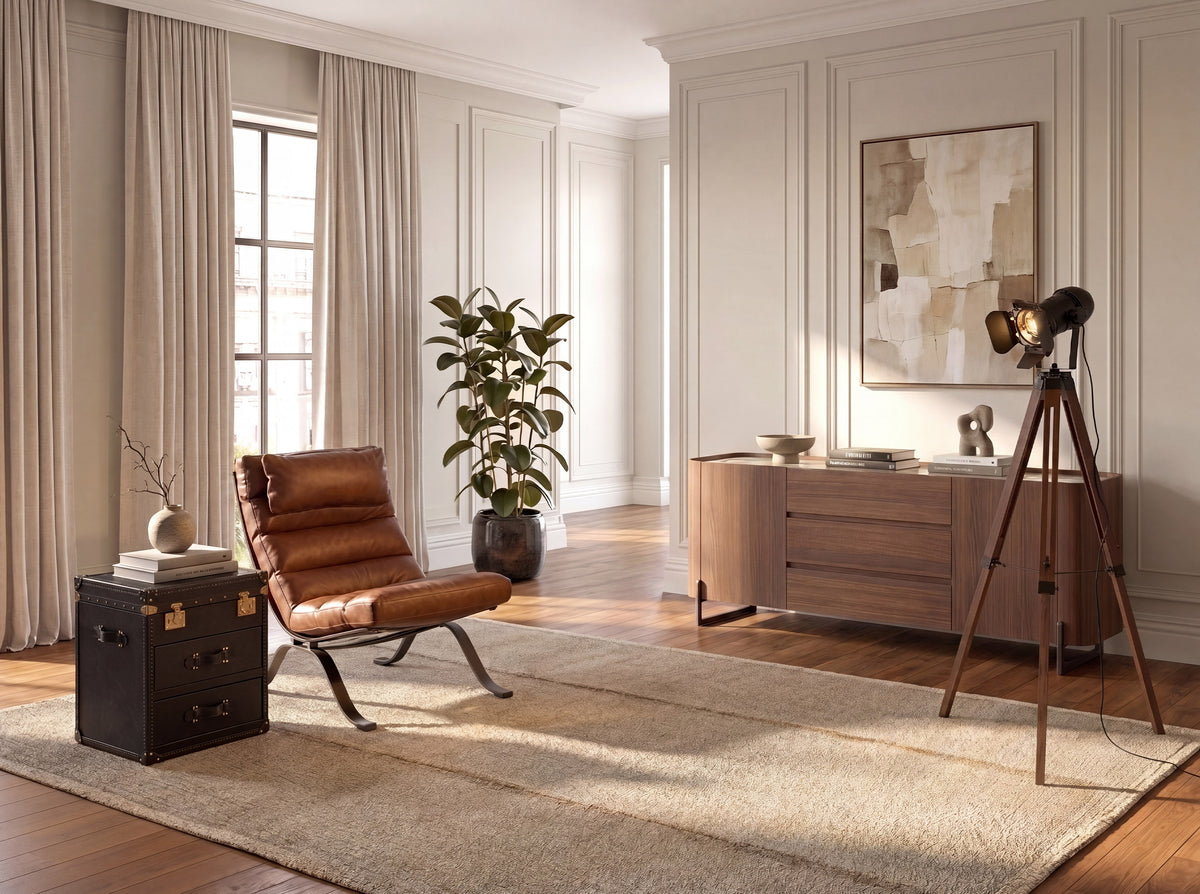 Floor lamp in black steel and walnut-coloured pine wood