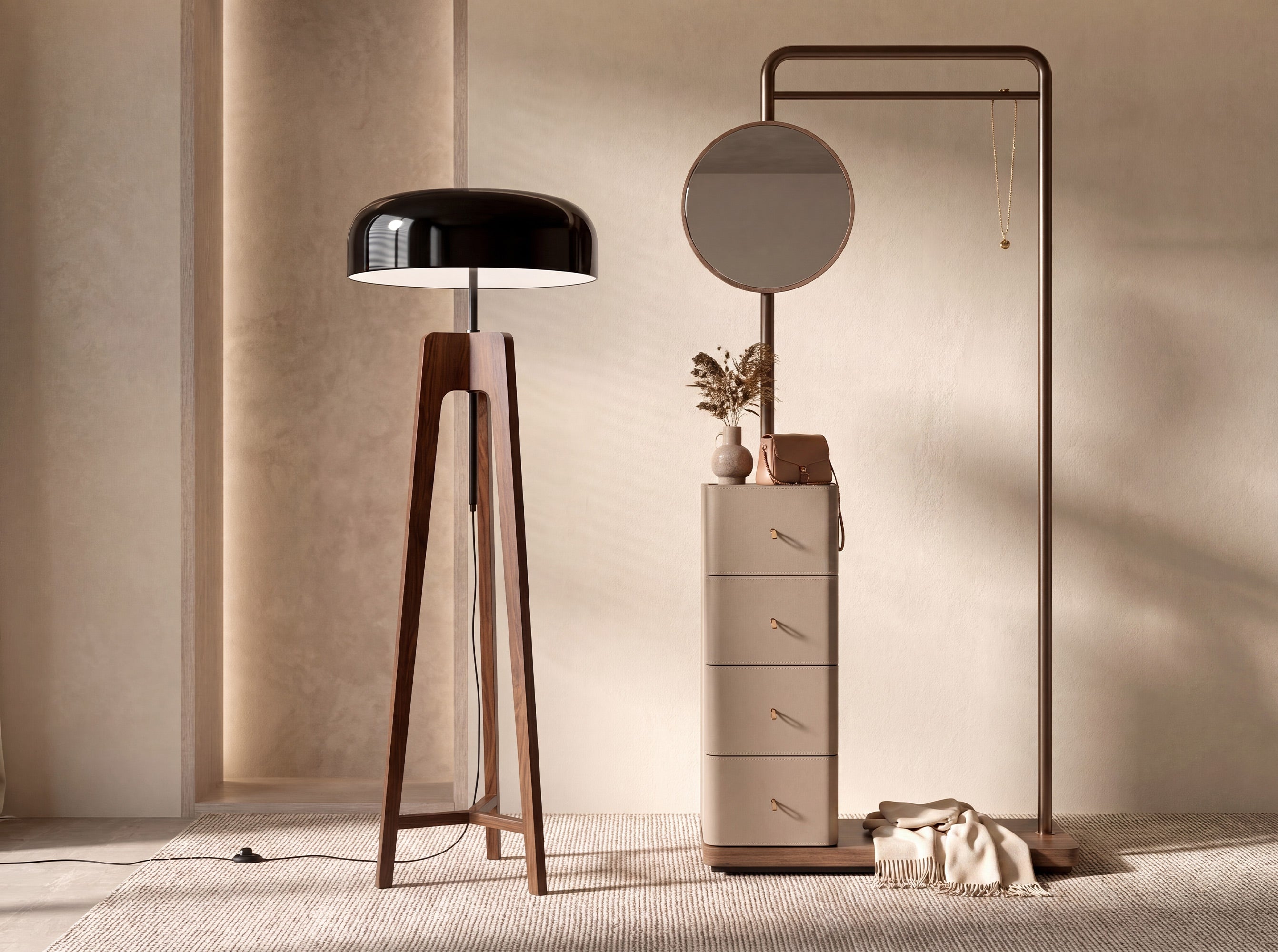 Floor lamp in black and white aluminium and walnut-coloured pine wood