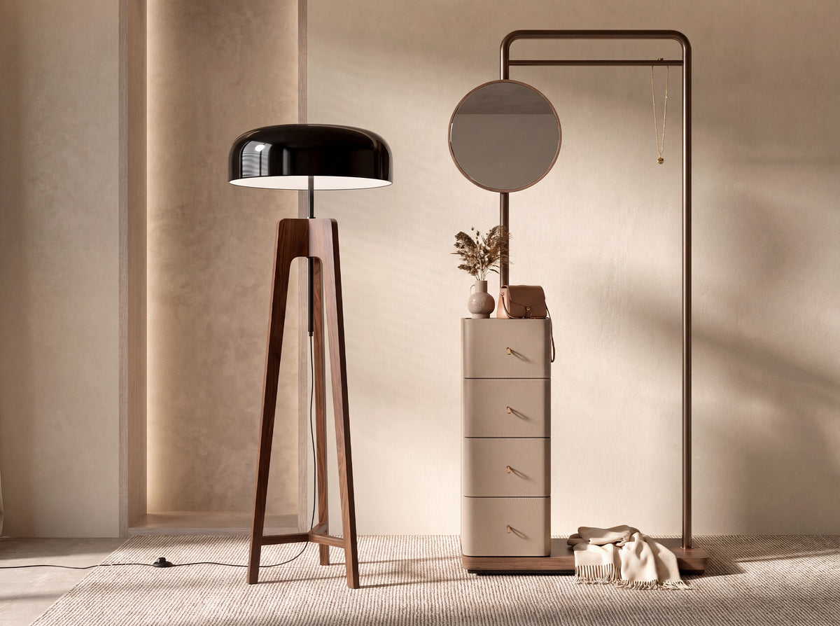 Floor lamp in black and white aluminium and walnut-coloured pine wood