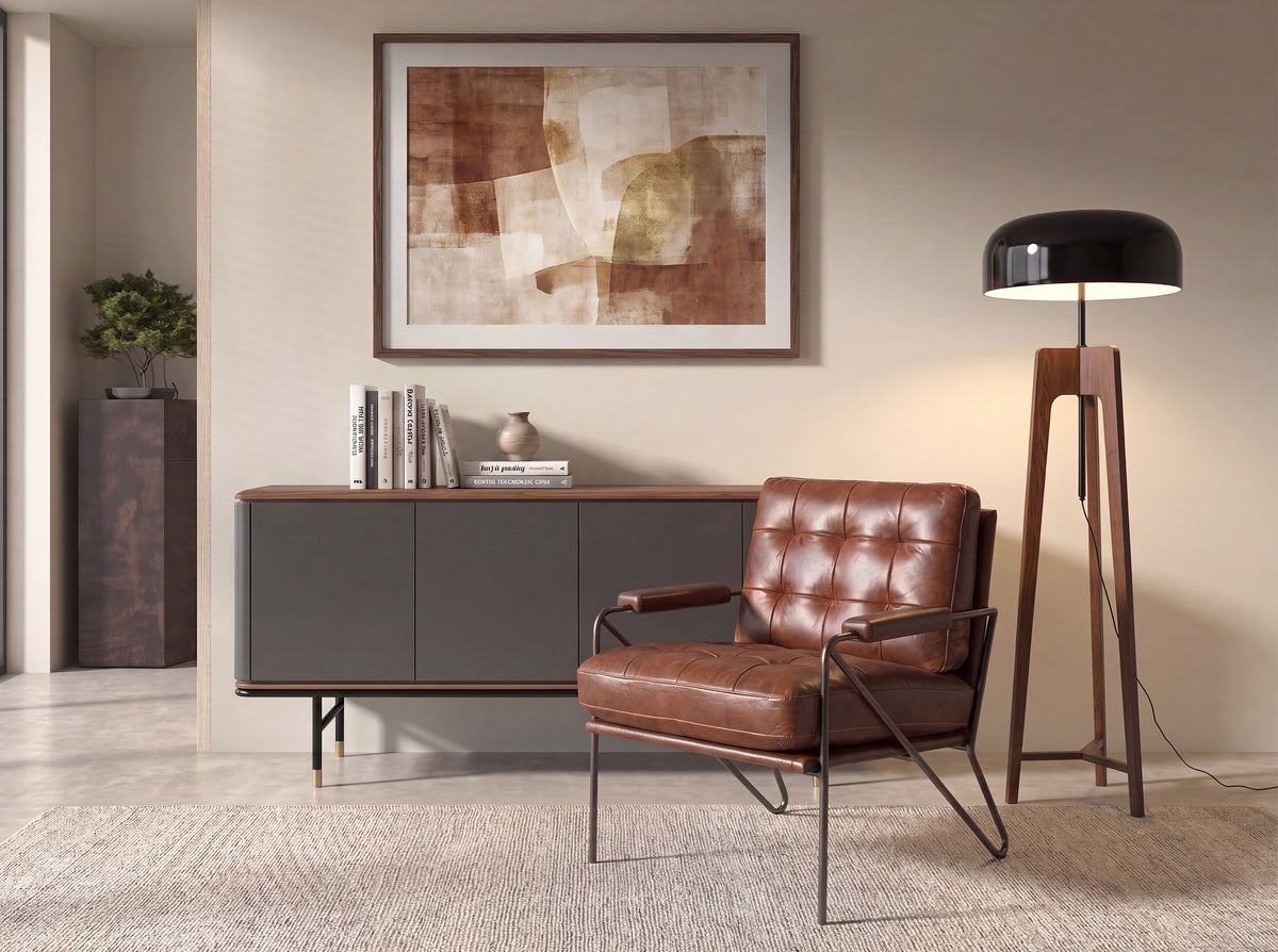 Floor lamp in black and white aluminium and walnut-coloured pine wood