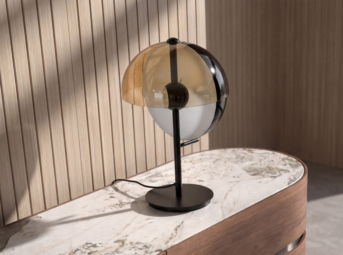 Table lamp in amber smoked glass and black and white steel with black steel base