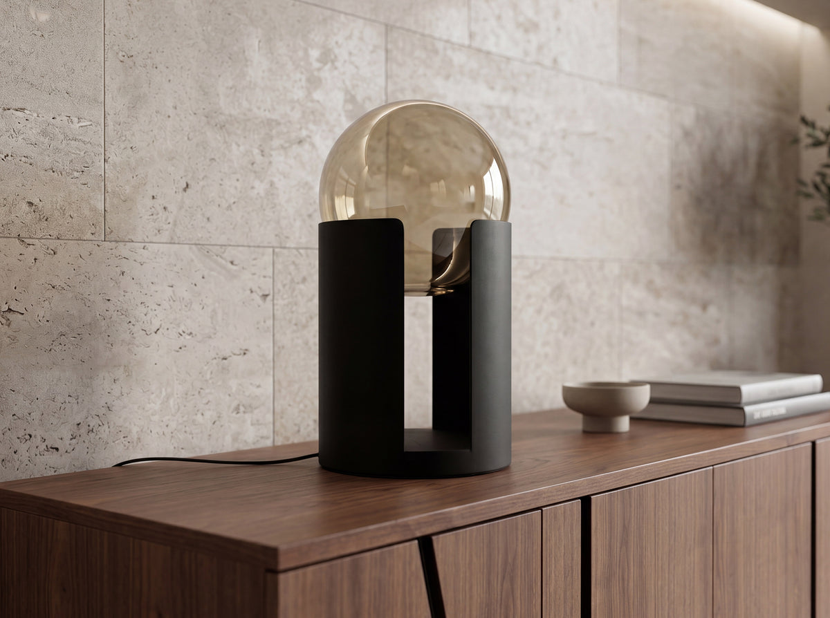 Smoked amber glass and black steel table lamp
