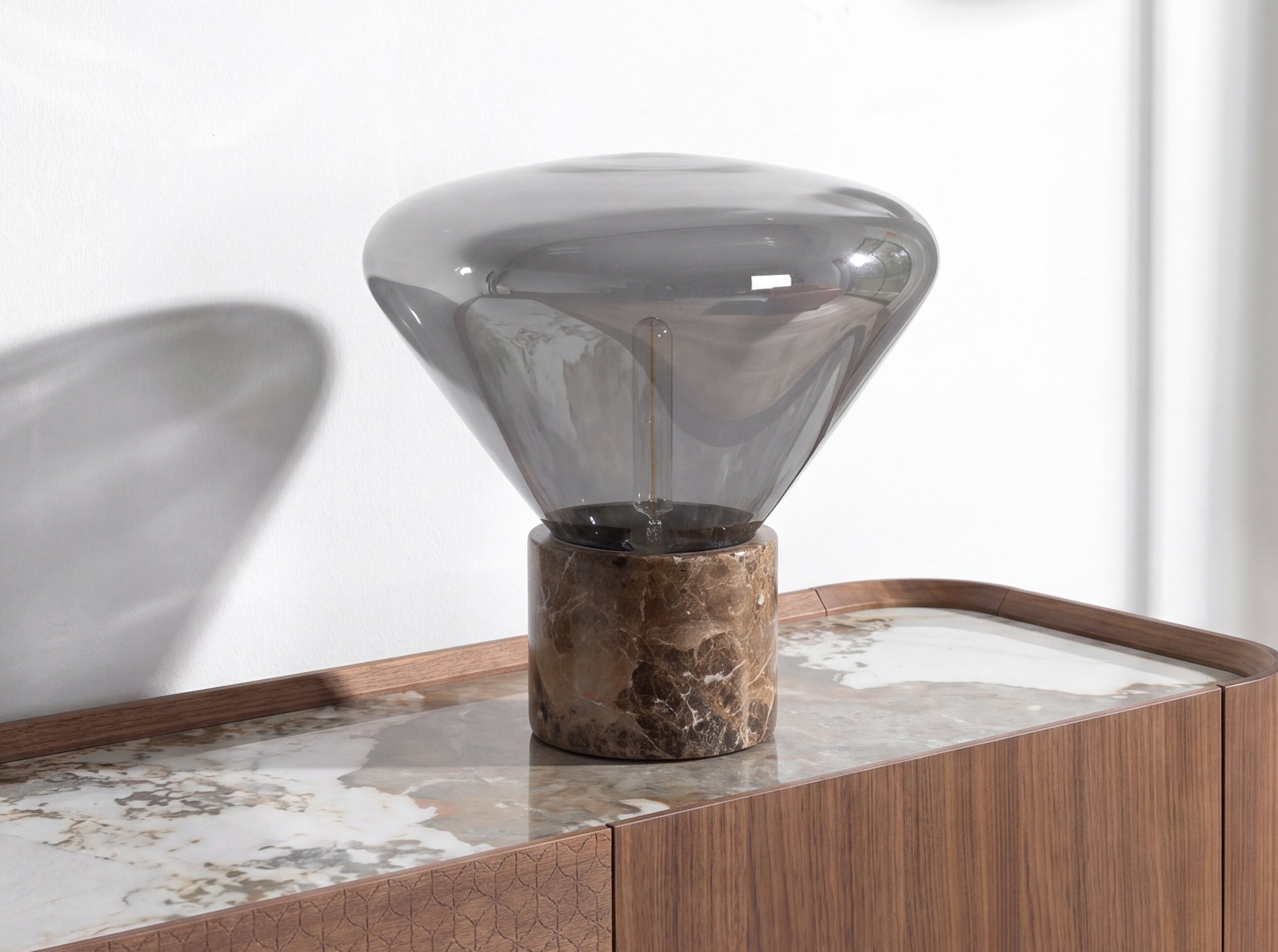 Table lamp in grey smoked mirror-effect glass and porcelain marble