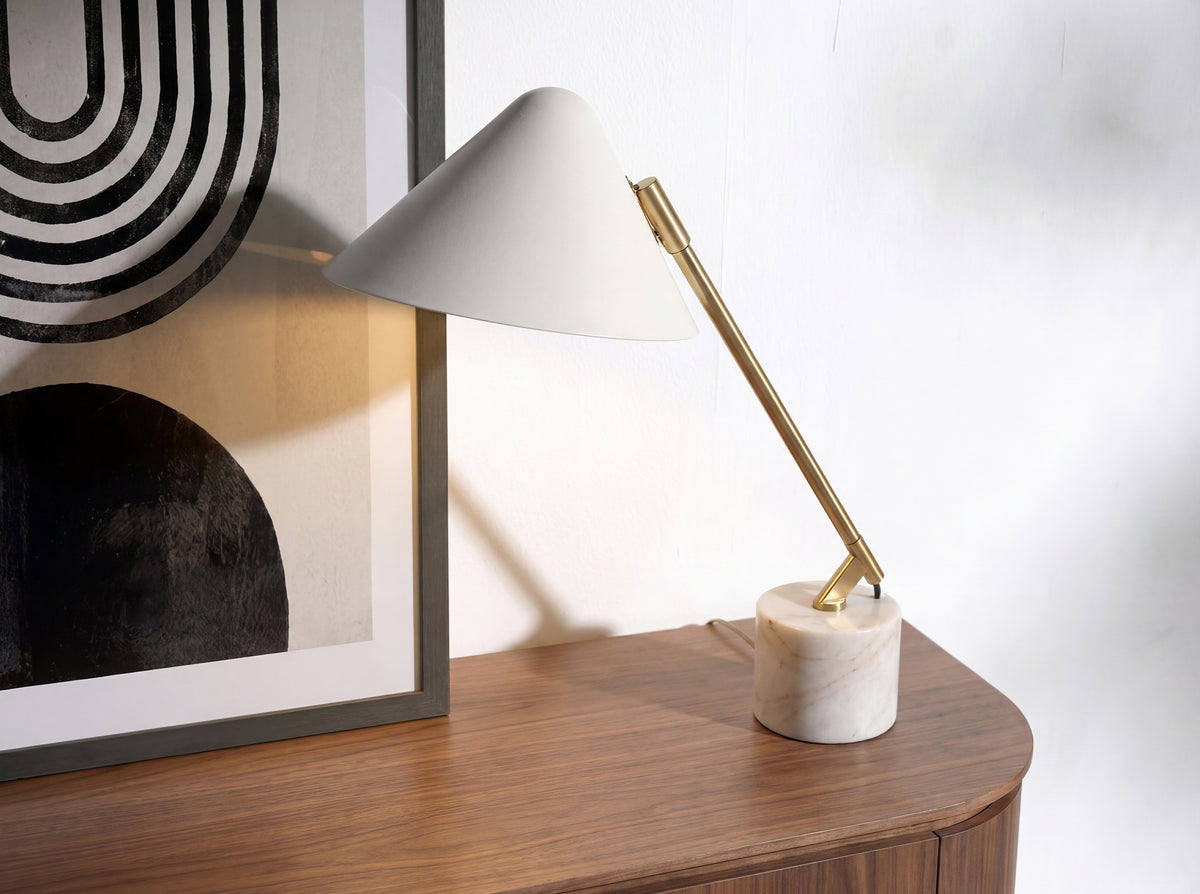 Table lamp in white steel and polished gold steel with porcelain marble base