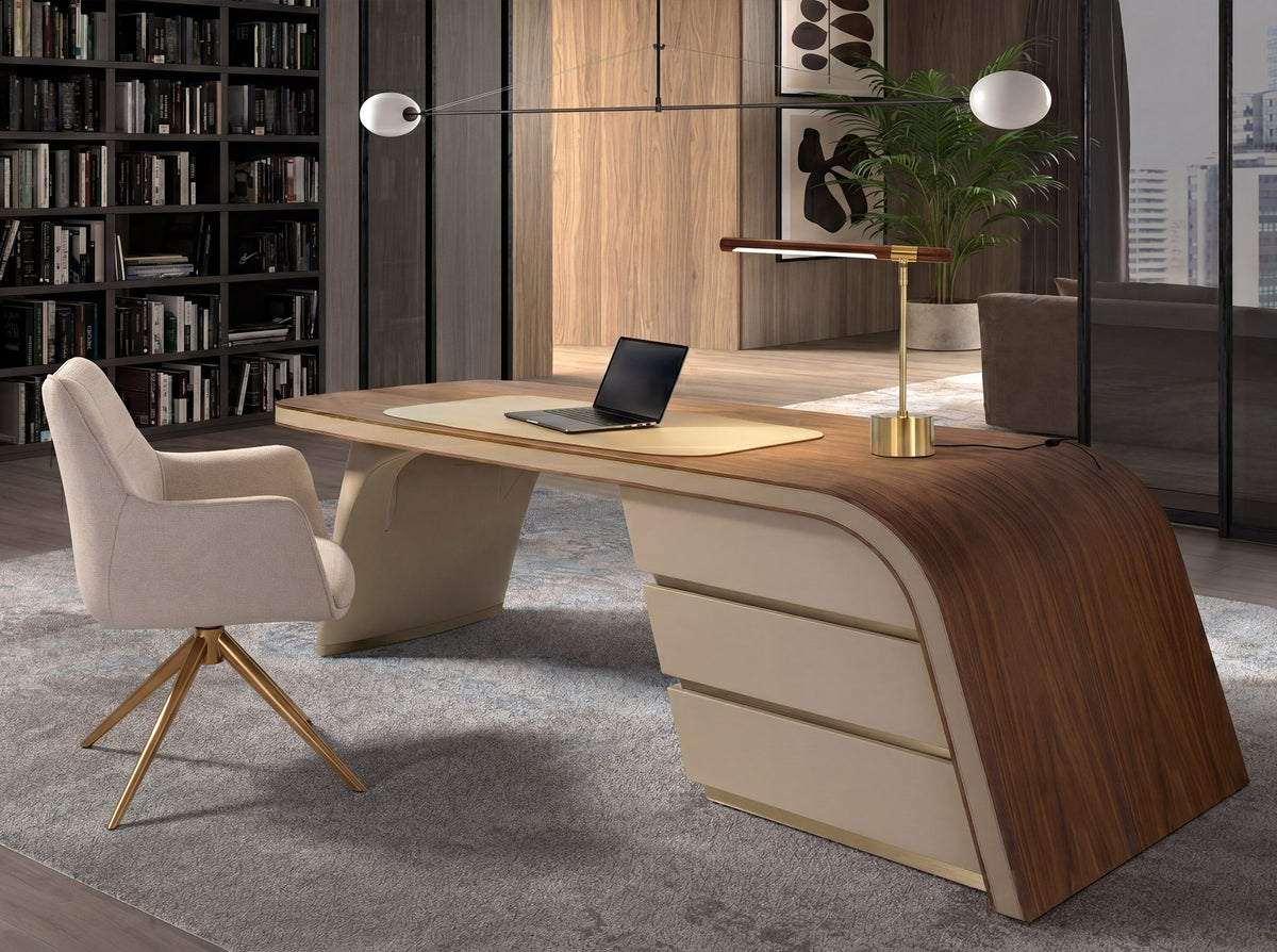 Table lamp in walnut-effect steel and polished gold steel