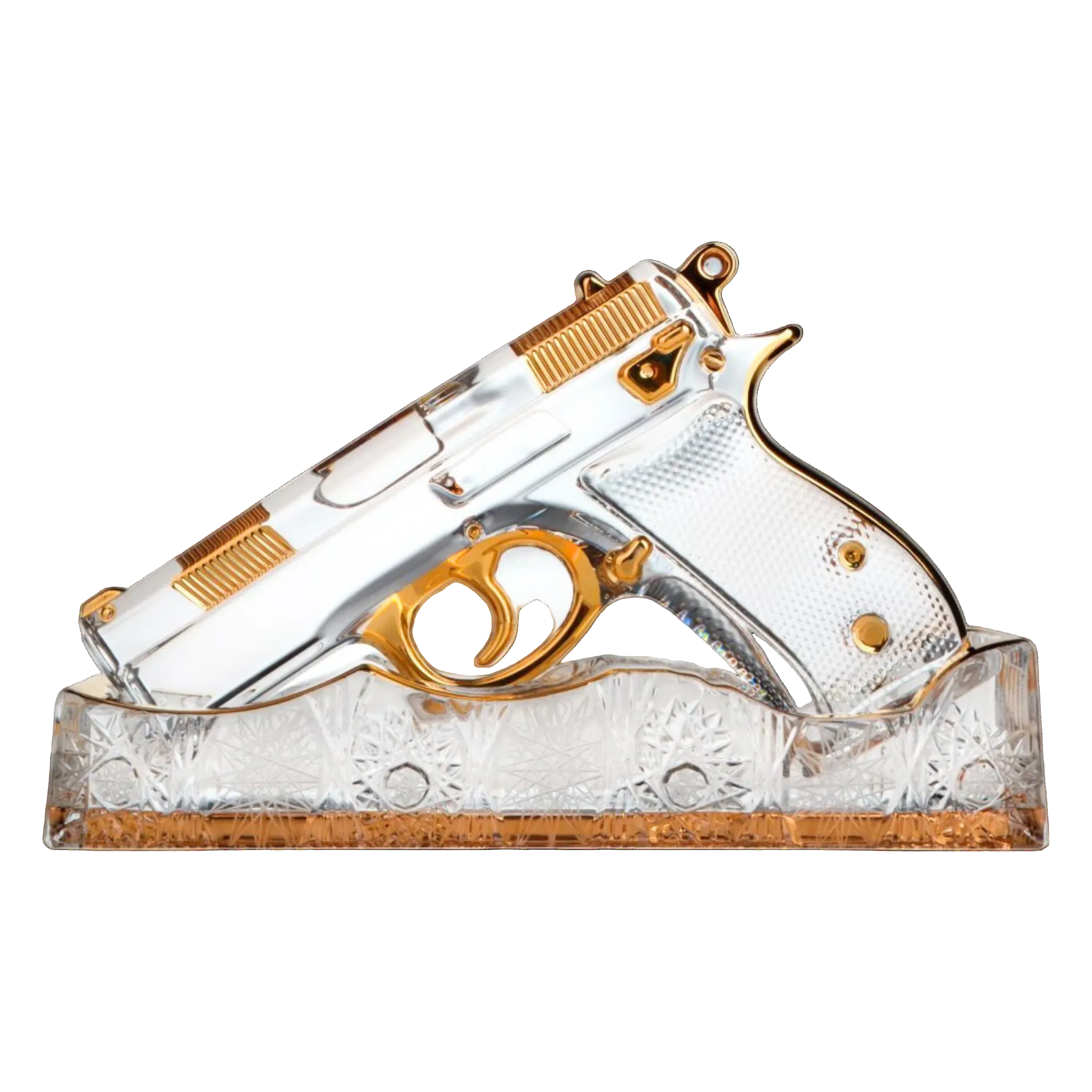 Signature Engraved 22k Gold crystal sculpture, studio view