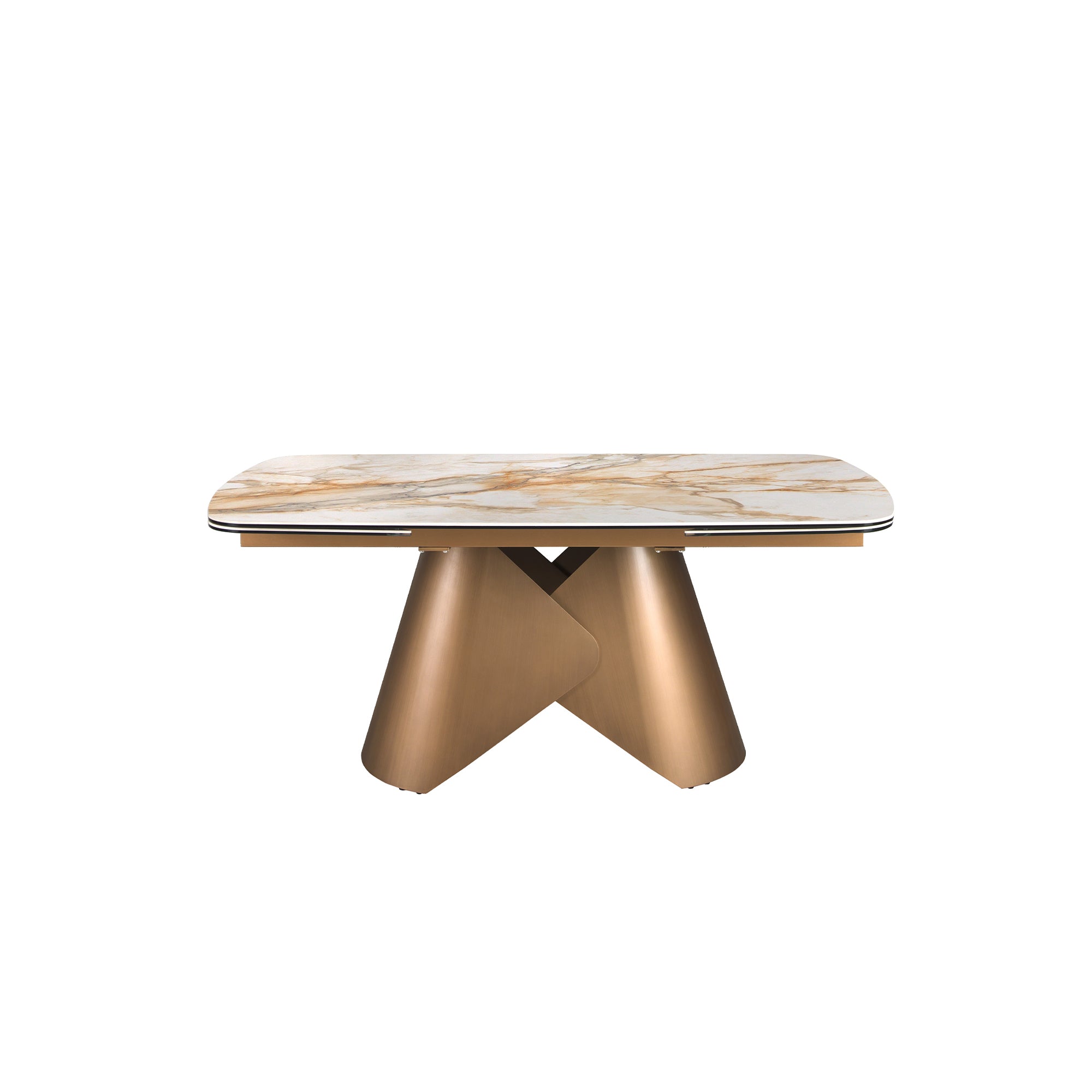 Oval barrel-shaped extendable dining table with porcelain marble top and bronze-coloured steel structure