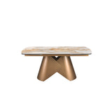 Oval barrel-shaped extendable dining table with porcelain marble top and bronze-coloured steel structure