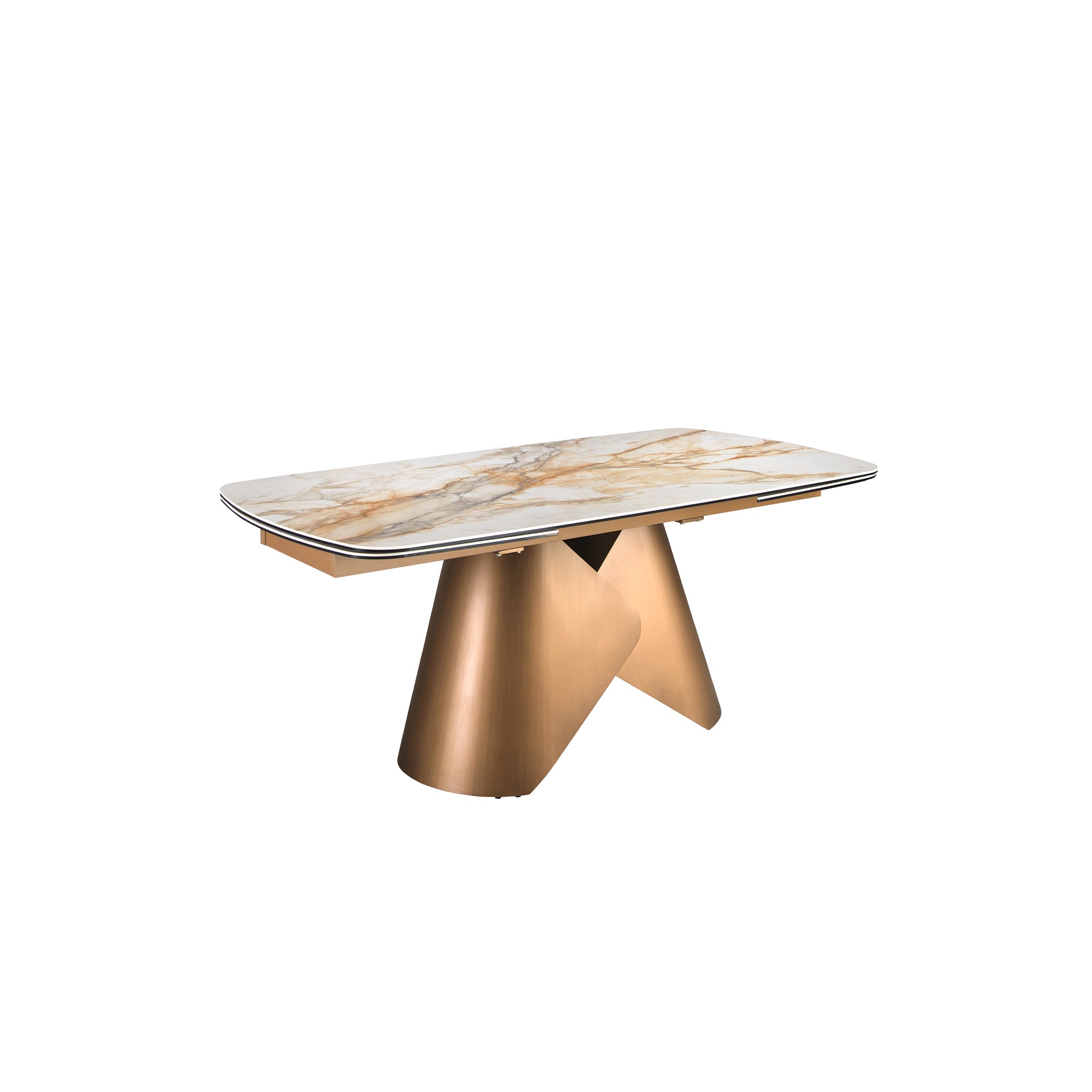 Oval barrel-shaped extendable dining table with porcelain marble top and bronze-coloured steel structure