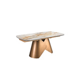 Oval barrel-shaped extendable dining table with porcelain marble top and bronze-coloured steel structure