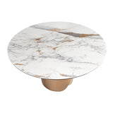 Round dining table with porcelain marble top and bronze-colored steel base