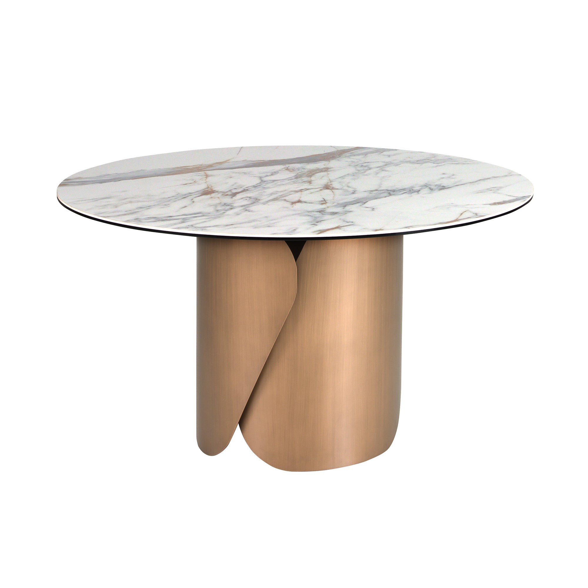 Round dining table with porcelain marble top and bronze-colored steel base